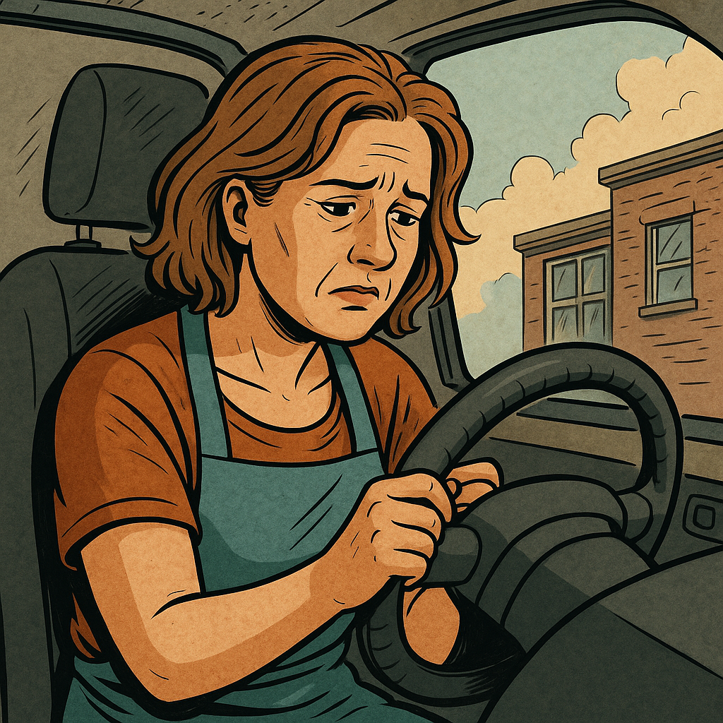 Frau sitzt sorgenvoll hinter dem Steuer wegen ungeplanter Ausgaben 