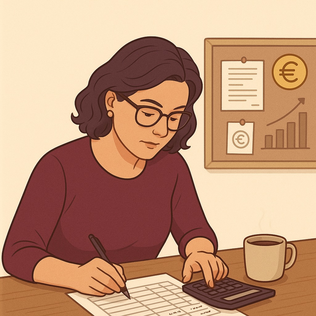 Frau sitzt über einer finanziellen Kalkulation 